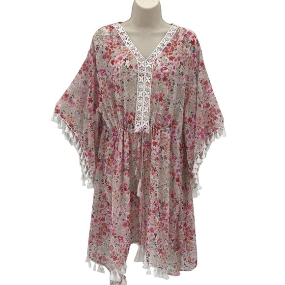 Charlie Paige Other - Charlie Paige Womens Cream Floral  Lace V Neck 3/4 Kimono Sleeve Swim Cover OS